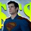 Superman (David Corenswet) stands proudly in costume with oversized dollar signs in the background, symbolizing the film’s $122M box office success.