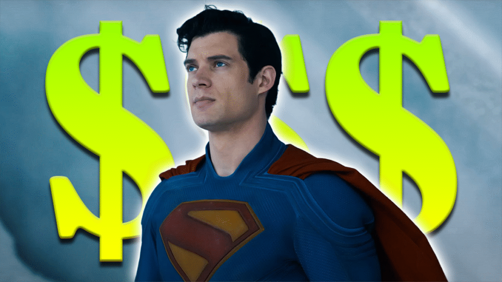 Superman (David Corenswet) stands proudly in costume with oversized dollar signs in the background, symbolizing the film’s $122M box office success.