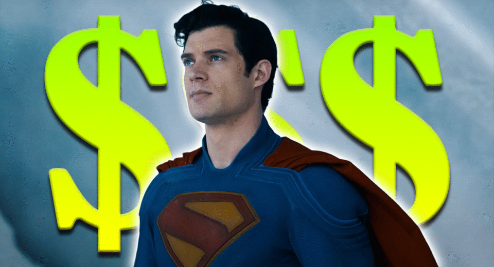 Superman (David Corenswet) stands proudly in costume with oversized dollar signs in the background, symbolizing the film’s $122M box office success.