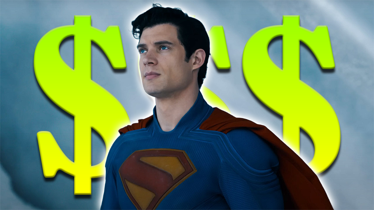 Superman (David Corenswet) stands proudly in costume with oversized dollar signs in the background, symbolizing the film’s $122M box office success.